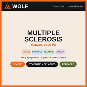 May include: A digital document titled MULTIPLE SCLEROSIS MANAGE YOUR MS with sections for FATIGUE, SYMPTOMS, RELAPSES, and MOBILITY. It includes text stating 8 PAGES, SYMPTOMS + RELAPSES, and REUSABLE, with a WOLF logo at the top.