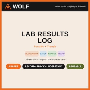 Könnte beinhalten: Ein digitales Laborergebnis-Protokoll mit cremefarbenem Hintergrund und orangefarbenem Rand. Der Text lautet WOLF Workouts for Longevity & Function, LAB RESULTS LOG, Results + Trends, BLOODWORK, DATES, RANGES, TREND, 8 PAGES, RECORD TRACK UNDERSTAND, REUSABLE.