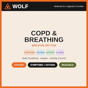May include: A digital document titled COPD & BREATHING BREATHE BETTER with a WOLF logo. It features sections for SYMPTOMS, OXYGEN, ACTIVITY, and FLARES. The document includes 8 PAGES, tracks SYMPTOMS + OXYGEN, and is REUSABLE for daily breathing tracking.