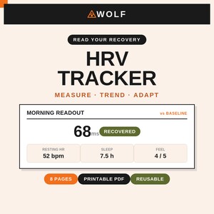 以下が含まれることがあります： WOLF、READ YOUR RECOVERY、HRV TRACKER、MEASURE TREND ADAPT、MORNING READOUT、68ms RECOVERED、RESTING HR 52 bpm、SLEEP 7.5 h、FEEL 4/5、8 PAGES、PRINTABLE PDF、REUSABLEのテキストが黒、オレンジ、オリーブ色で記載されたデジタルHRVトラッカー文書。