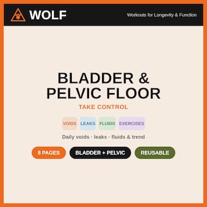 May include: A document titled WOLF Bladder & Pelvic Floor Take Control with sections for voids, leaks, fluids, and exercises. The page includes text indicating 8 pages, bladder and pelvic focus, and reusable status on a cream background with orange borders.
