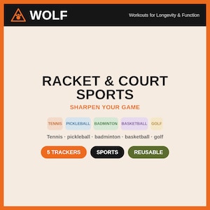 Könnte beinhalten: Eine quadratische Grafik mit orangefarbenem Rand, die oben den Text WOLF und Workouts for Longevity & Function zeigt. In der Mitte stehen RACKET & COURT SPORTS, SHARPEN YOUR GAME und eine Liste von Sportarten wie Tennis, Pickleball, Badminton, Basketball und Golf. Die unteren Schaltflächen zeigen 5 TRACKERS, SPORTS und REUSABLE.