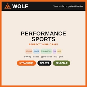 Könnte beinhalten: Eine quadratische Grafik mit orangefarbenem Rand, die den Text WOLF und Workouts for Longevity & Function enthält. In der Mitte stehen PERFORMANCE SPORTS, PERFECT YOUR CRAFT und eine Liste von Aktivitäten: BOXING, DANCE, GYMNASTICS, SKI, GRIP, 5 TRACKERS, SPORTS, REUSABLE.