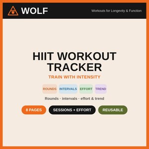 Peut inclure: Un document de suivi d'entraînement HIIT avec un fond crème et une bordure orange. Le texte inclut WOLF, Workouts for Longevity & Function, HIIT WORKOUT TRACKER, TRAIN WITH INTENSITY, ROUNDS, INTERVALS, EFFORT, TREND, 8 PAGES, SESSIONS + EFFORT, REUSABLE.