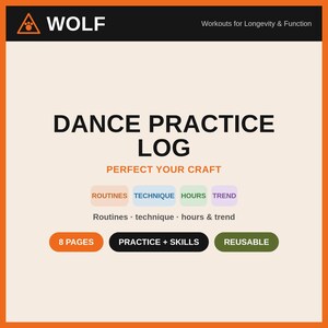 May include: A square dance practice log with a cream background and orange border. The text reads WOLF, Workouts for Longevity & Function, DANCE PRACTICE LOG, PERFECT YOUR CRAFT, ROUTINES, TECHNIQUE, HOURS, TREND, 8 PAGES, PRACTICE + SKILLS, and REUSABLE.