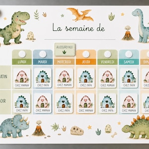 Könnte beinhalten: Ein magnetisches Wochenplaner-Board mit Dinosaurier-Illustrationen und dem französischen Text La semaine de, mit Spalten für die Wochentage von Lundi bis Dimanche sowie Zeilen für Matin und Soir, inklusive kleiner Haus-Icons mit der Aufschrift Chez Maman oder Chez Papa.