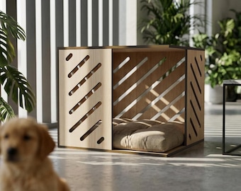Caseta moderna para mascotas de madera contrachapada de abedul / Mueble tipo guarida para perros con frente abierto, acabado seguro para mascotas