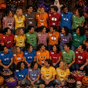 May include: A group of twenty-five people wearing colorful t-shirts, each featuring a different M&M character face and the letter m. The shirts are in various colors including red, yellow, orange, green, blue, and purple, with numbered labels.