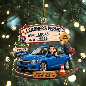 May include: A decorative ornament featuring a blue sedan with a cartoon driver, a Learner's Permit sign with the text 'NAME: LUCAS' and 'DATE: 2026', a 'NEW DRIVER' sign, car keys, and road signs reading 'LEARN', 'PRACTICE', and 'DRIVE SAFE'.