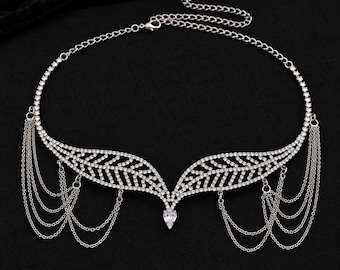 Leaf Forehead Headpiece, Wedding and Prom Accessory, Brides and Bridesmaids, Halloween Jewelry, Grecian Draped Hair Chain, Teardrop Detail
