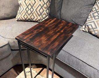 Handcrafted C-Shape Steel End/Side Table - Burnt Wood Finish Walnut