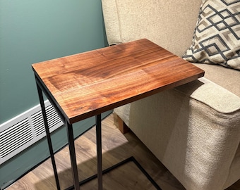 Handcrafted C-Shape Steel End/Side Table - Finished Walnut Top