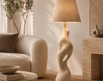 Organic Sculptural Floor Lamp, Handmade Plaster Lamp, Beige Fabric Shade