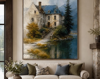 European Manor House Wall Art, Hand Painted Landscape Oil Painting, Lakeside Castle Canvas, Blue Mountain Living Room Decor