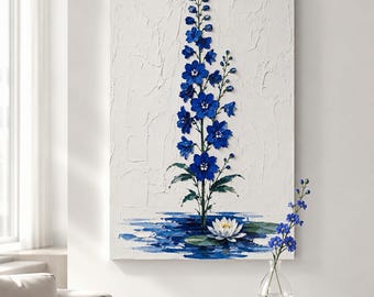 July Birth Flower Art,Minimalist Larkspur & Water Lily Impasto Painting,Blue Floral Poster,Botanical Wall Decor,Summer Birthday Gift for kid