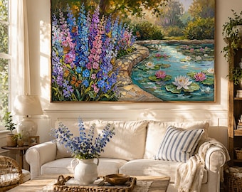 Original July Birth Flower Wall Art,Textured Impasto Water Lily and Larkspur Oil Painting,Summer Pond Landscape Decor,Birthday Gift for Her