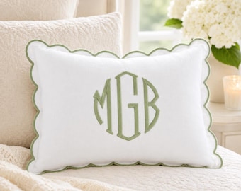 Personalized Scalloped Edge Lumbar Pillow Cover, Custom Monogram Throw Pillow, Embroidered Bedroom Decor, Wedding Housewarming Gift