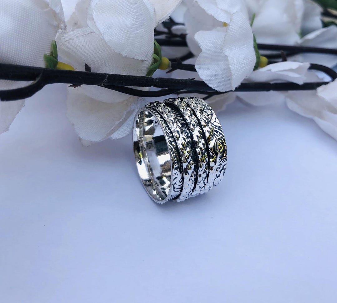 Handmade Sterling Silver Floral Spinner Ring, Wide Band Boho Meditation ...