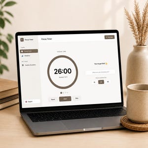 Könnte beinhalten: Ein Laptop-Bildschirm zeigt eine Focus Timer-Anwendung mit einem zentralen kreisförmigen Timer, der 26:00 anzeigt. Die Benutzeroberfläche enthält Navigation für Statistiken und Einstellungen, eine Fokus-Dauer-Auswahl und den Text You've got this!.