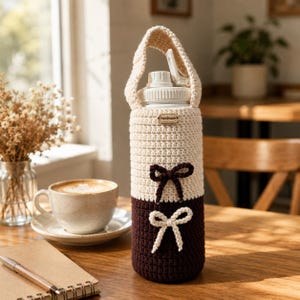 May include: A cylindrical water bottle encased in a two-tone crochet cover featuring a cream-colored top half and a dark brown bottom half. The cover includes a crochet handle, a small wooden tag labeled Handmade, and two decorative bows.