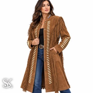 Brown Suede Fringe Coat Powwow Regalia Western Cowboy Beaded Leather Coat