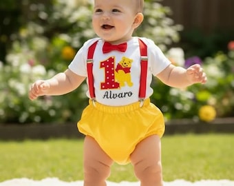 Winnie the Pooh First Birthday Outfit for Boys, Pooh First Birthday Set, Personalized Bodysuit, Suspenders, Diaper Cover