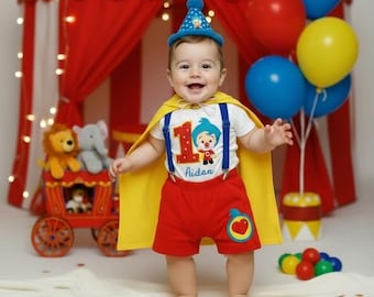 Hero of the Heart inspired outfit, clown birthday, circus themed clothing, first birthday, T-shirt, suspenders, cape, shorts