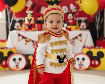 Baby Boy 1st Birthday Costume, Personalized Red and Gold Suit, Royal Prince Mickey Birthday Outfit, Cake Smash Photography Prop