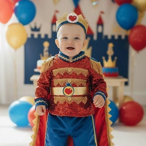 Könnte beinhalten: Ein Baby in einem roten Pailletten-Prinzenkostüm mit goldenen Verzierungen, einem goldenen Gürtel und einem roten Umhang. Das Outfit umfasst eine blaue Hose und eine goldene Krone. Ballons in Rot, Blau und Gelb sind im Hintergrund.