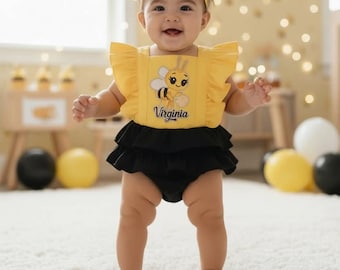 Ruffled Bee Romper, Bee Party Tutu, Personalized Bee Outfit for Baby, Birthday Photoshoot for Girls.