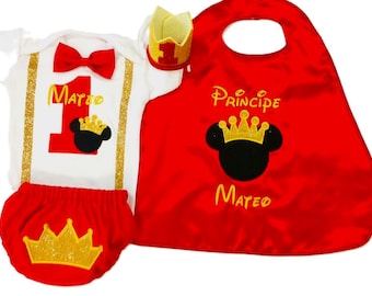 Traje Principe primer añito, Set  para cake smash niño, Set Principe 1st Boy, Traje Real Inspirado en Mickey Mouse, Conjunto rojo Principe.