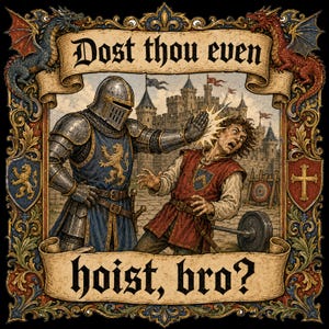 Pode incluir: Uma ilustração gráfica apresentando um cavaleiro em armadura de aço a dar uma bofetada numa pessoa com uma túnica vermelha. O texto diz 'Dost thou even hoist, bro?' com um castelo, dragões e um disco de pesos ao fundo, tudo numa moldura.