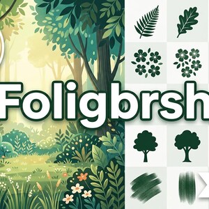 Könnte beinhalten: Ein digitales Set aus Procreate-Pinseln für Laub und Natur mit einer Waldillustration auf der linken Seite und einem Raster aus dunkelgrünen Blatt-, Blumen-, Gras- und Baum-Symbolen auf der rechten Seite. Der Text lautet High-Resolution Procreate Foliage & Nature Brushes, Foligbrsh und Instant Digital Download.
