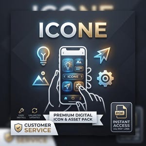 Può includere: Un pacchetto di icone e risorse digitali intitolato ICONE che mostra un'interfaccia smartphone con icone luminose blu e oro, tra cui una lampadina, una montagna, una freccia e un ingranaggio. La grafica include etichette per installazione e aggiornamenti.