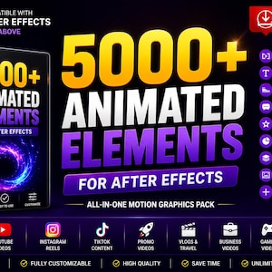 May include: A digital product box labelled 5000+ Animated Elements for After Effects, featuring a purple and blue swirling vortex graphic. The text lists features including transitions, titles, lower thirds, call outs, and icons on a dark background.