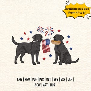 Black Labrador 4th of July Embroidery Design, Patriotic Dog Firework Hotdog Embroidery File, USA 250 PES DST