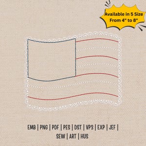 Könnte beinhalten: Ein Stickmuster einer Flagge mit einem rechteckigen Feld und horizontalen Streifen, die mit dunkelblauen und roten Stichen umrandet sind, eingefasst von einer weißen Spitzenkante. Text: Available in 5 Size From 4" to 8" und EMB, PNG, PDF, PES, DST, VP3, EXP, JEF, SEW, ART, HUS.