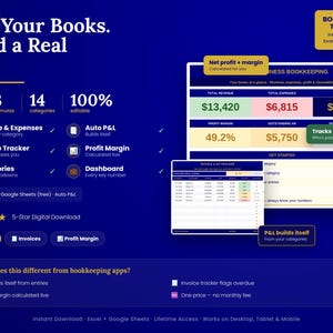 Puede incluir: Una plantilla de contabilidad digital para Excel y Google Sheets con fondo azul oscuro y texto blanco. Muestra un panel de control empresarial con datos de ingresos, gastos y beneficios, incluyendo un rastreador de facturas y cálculo de margen.