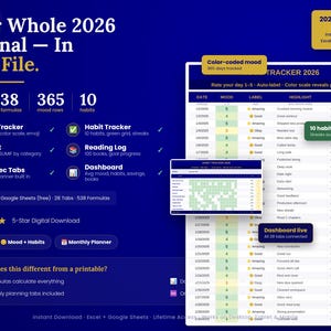 2026 Journal Bundle Spreadsheet | 28-Tab Interactive Excel Planner | Mood, Habit, Sleep, Budget & Reading Tracker | Instant Download