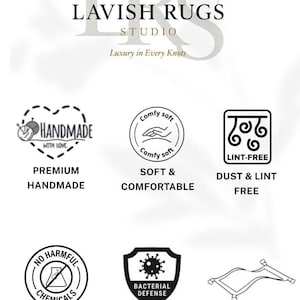 Puede incluir: Una pantalla gr&aacute;fica blanca para Lavish Rugs Studio con seis iconos negros y etiquetas de texto: Premium Handmade, Soft & Comfortable, Dust & Lint Free, No Harmful Chemicals, Anti Bacterial & Anti Allergen, y Durable & Long Lasting.