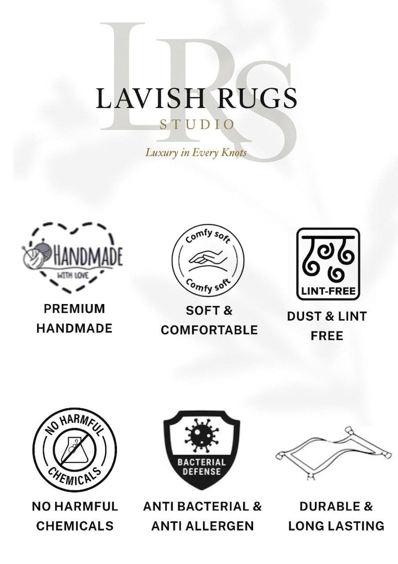 Puede incluir: Una pantalla gr&aacute;fica blanca para Lavish Rugs Studio con seis iconos negros y etiquetas de texto: Premium Handmade, Soft & Comfortable, Dust & Lint Free, No Harmful Chemicals, Anti Bacterial & Anti Allergen, y Durable & Long Lasting.