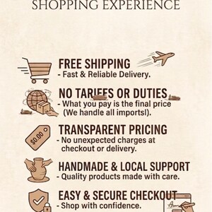 Puede incluir: Un gr&aacute;fico informativo beige para Lavish Rugs Studio con el texto Tariff-Free Shopping Experience. Enumera beneficios que incluyen env&iacute;o gratuito, sin aranceles ni impuestos, precios transparentes, apoyo artesanal y pago seguro.