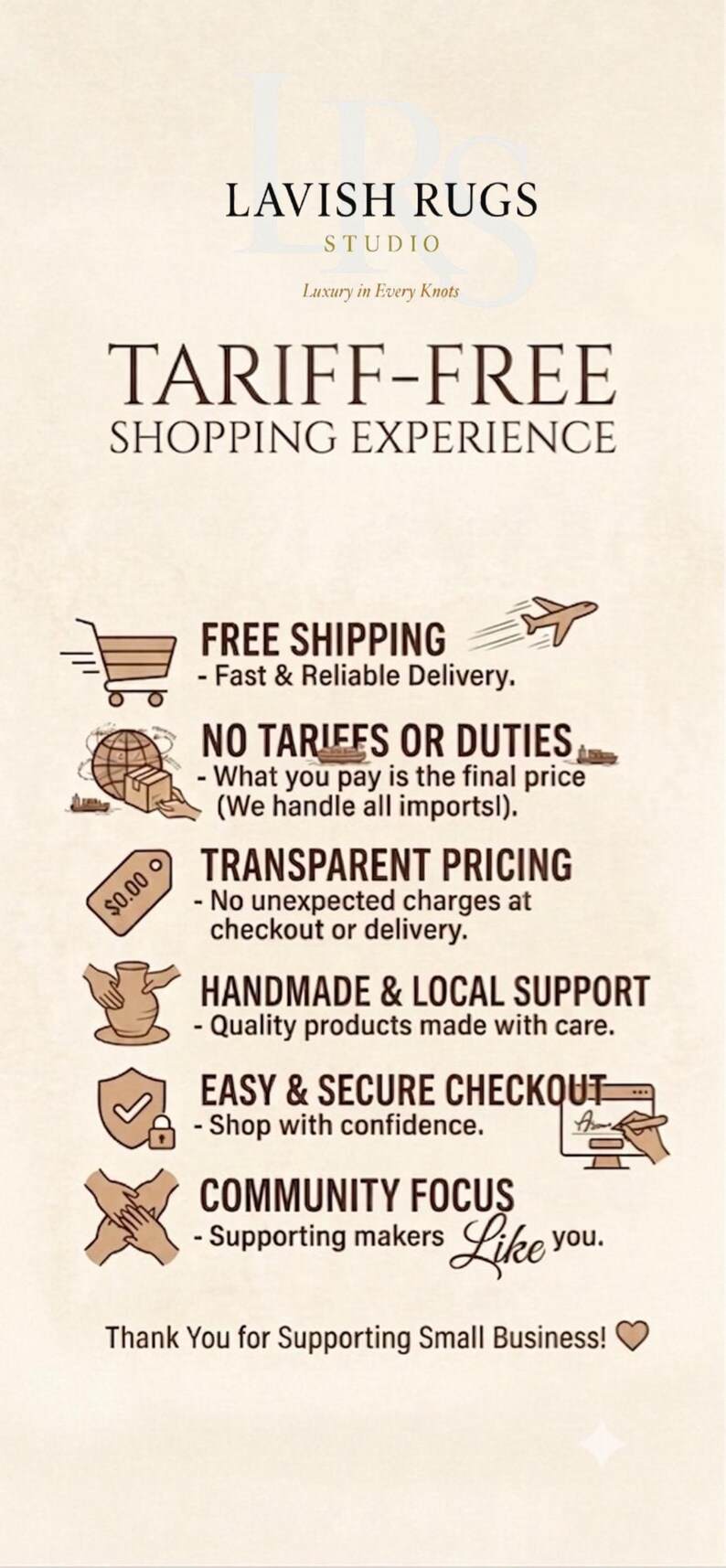 Puede incluir: Un gr&aacute;fico informativo beige para Lavish Rugs Studio con el texto Tariff-Free Shopping Experience. Enumera beneficios que incluyen env&iacute;o gratuito, sin aranceles ni impuestos, precios transparentes, apoyo artesanal y pago seguro.