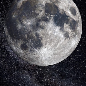 May include: A full moon showing detailed grey and white craters, lunar maria, and surface textures against a dark black sky filled with numerous small, bright white stars scattered across the background behind the celestial body.