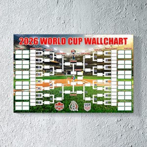May include: A rectangular wall chart for the 2026 World Cup, featuring a stadium backdrop and a bracket layout for the tournament. The chart includes the text "2026 WORLD CUP WALLCHART" in red and white, along with team logos.