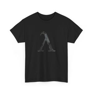 May include: Black t-shirt with a distressed, metallic Lambda symbol. The symbol is centrally placed and has a textured finish. The t-shirt has a classic crew neck design.