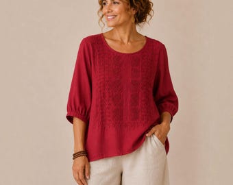 Embroidered Linen Cotton Tunic Top | Boho 3/4 Sleeve Cottagecore Blouse