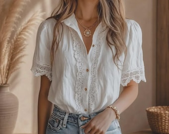 Women's Eyelet Blouse, Button Down Short Sleeve Shirt, Casual Summer Top