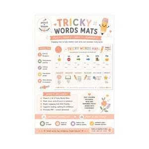 May include: A Tricky Words Mats educational printable featuring a central mat with columns for words like I, no, go, to, into, and the. The design includes a cartoon pencil, floral accents, and text sections detailing usage for phonics, literacy, and home learning.