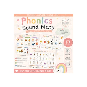 Op de afbeelding: Een set printbare Phonics Sound Mats met kleurrijke illustraties en letters voor beginnend lezen. De tekst bevat Phonics Sound Mats, Learn Listen Read Write, Phases 1-5 Includes en Help Your Little Learner Shine, met een regenboogafbeelding.